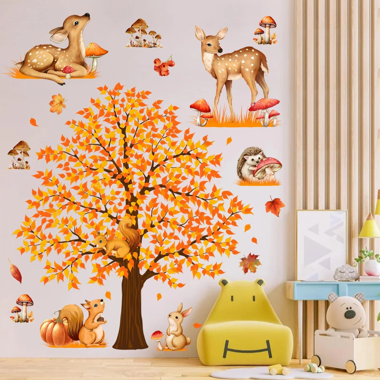 Наклейка на стіну Лісові тварини Олень, білка, їжак, гриби Для дитячої кімнати ПВХ Матова, фото №4