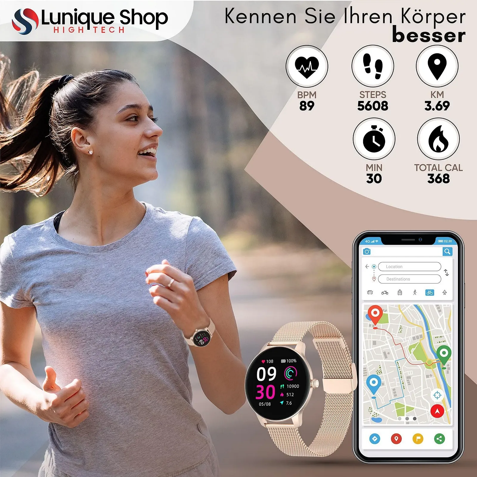 Смарт-годинник Жіночий Круглий LSFIT Рожеве Золото, фото №6