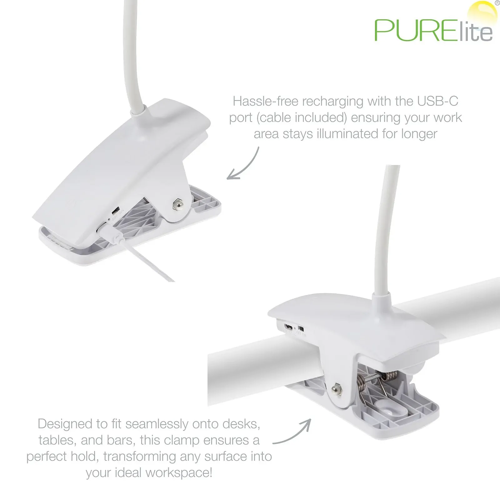 Настільна світлодіодна лампа-прищіпка PURElite акумуляторна гнучка регульована шийка білий, фото №4