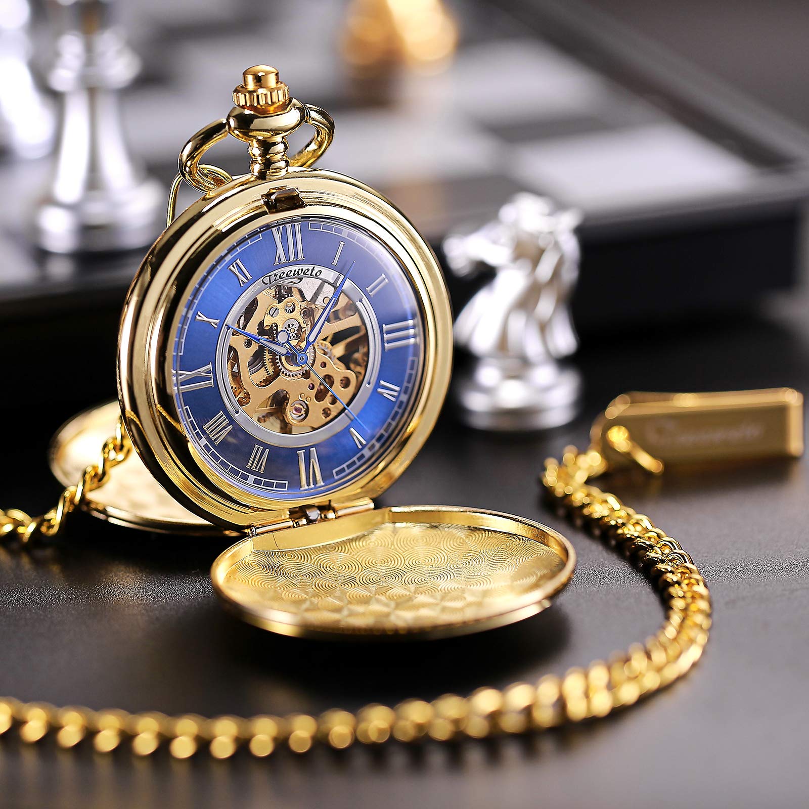 Кишеньковий годинник TREEWETO Smooth Double Case Skeleton Dial Delicate Mechanical Movement з ланцюжком золотий, фото №6