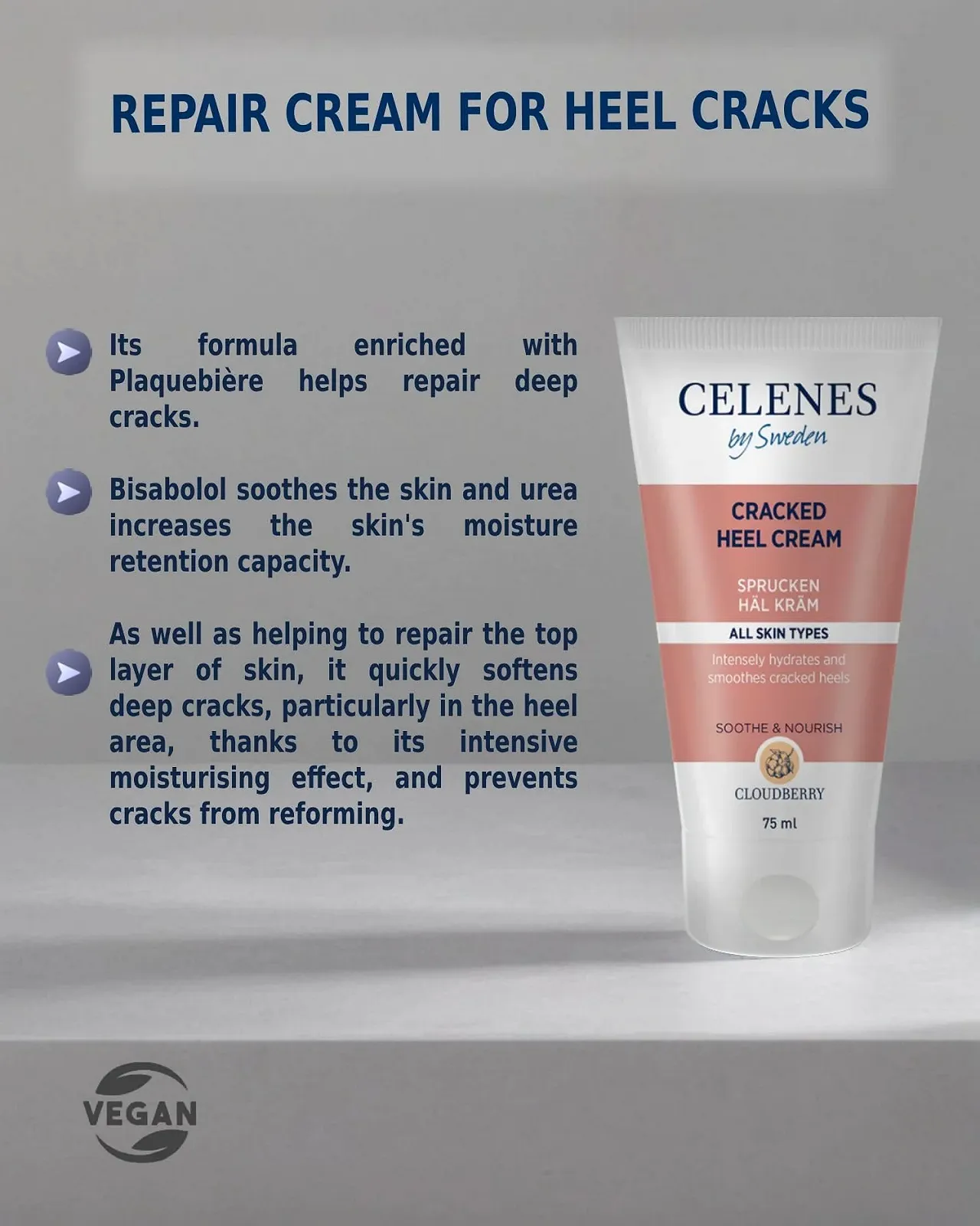 Крем для потрескавшихся пяток Celenes by Sweden Cloudberry восстанавливающая формула с Urea, маслами авокадо и миндаля веганский 2 x 75 мл, фото №3