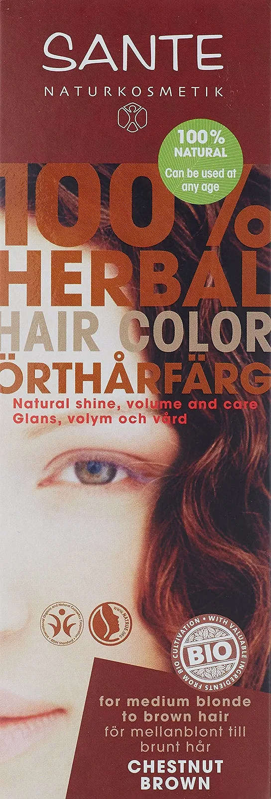 Рослинна фарба для волосся SANTE Naturkosmetik Каштановий коричневий, насичений коричневий, блискучі кольори, покриття сивини, веганська, 100 г (2 шт. в упаковці), фото №1