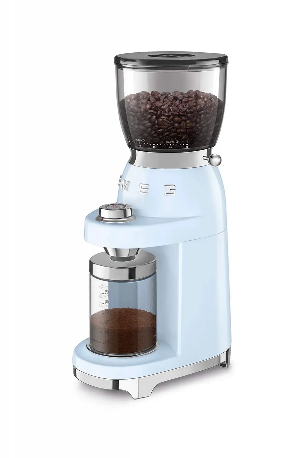 Кавомолка SMEG CGF01PBEU Конічна з нержавіючої сталі, 30 налаштувань помелу, контейнер для кавових зерен 350 г, литий алюмінієвий корпус преміум-класу, 150 Вт, блакитна, фото №3