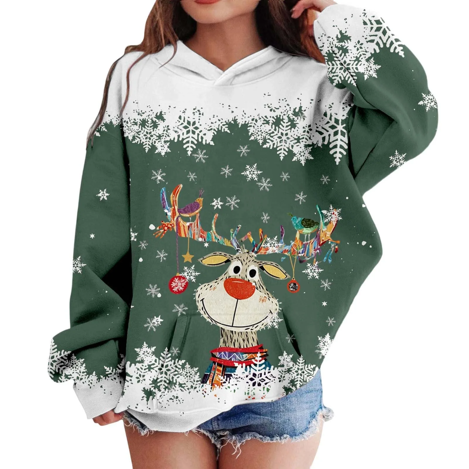 Рождественский свитер для мальчиков и девочек с капюшоном, олень, мультяшный принт, длинный рукав (2-12 лет), фото №1