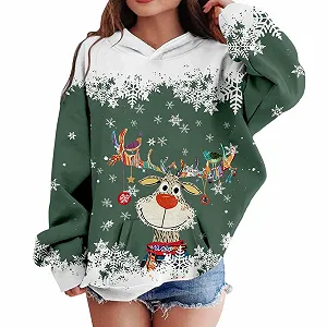 Рождественский свитер для мальчиков и девочек с капюшоном, олень, мультяшный принт, длинный рукав (2-12 лет) - Фото 1
