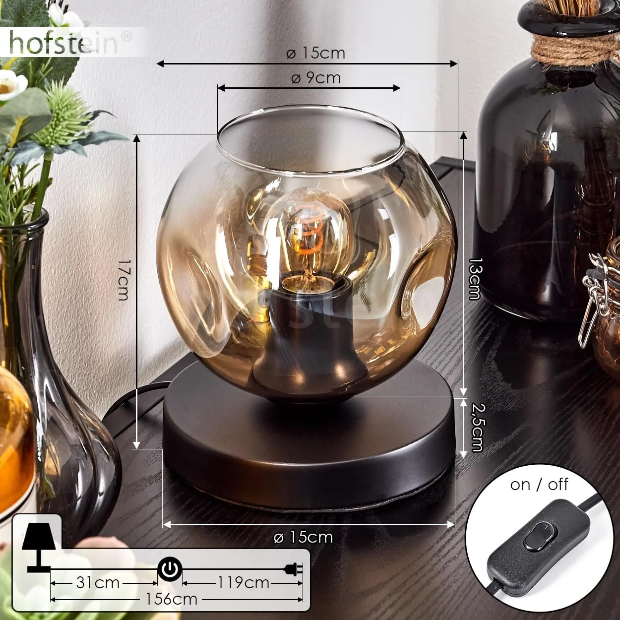 Настільна лампа Ripoll Metal/Glass Modern Retro/Vintage 15 см E27 Black/Amber/Clear, фото №5