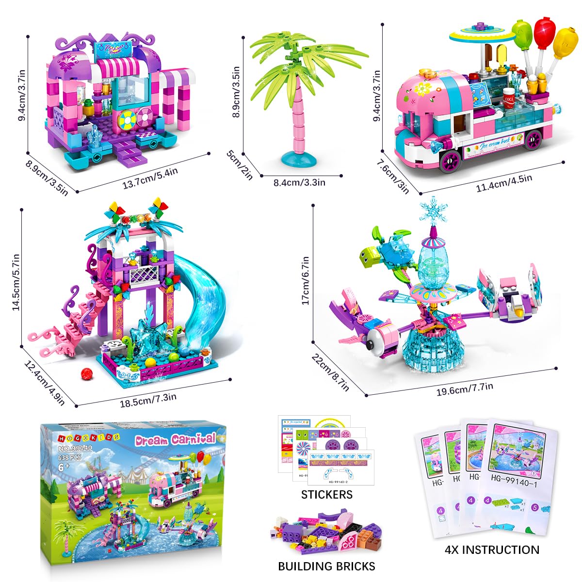 Набір HOGOKIDS Amusement Park Slide Kit 684 шт. Ice Cream Truck Friends 4-в-1 Принцеса Водний парк Іграшка для дівчаток 6 7 8 9 10 років, фото №3