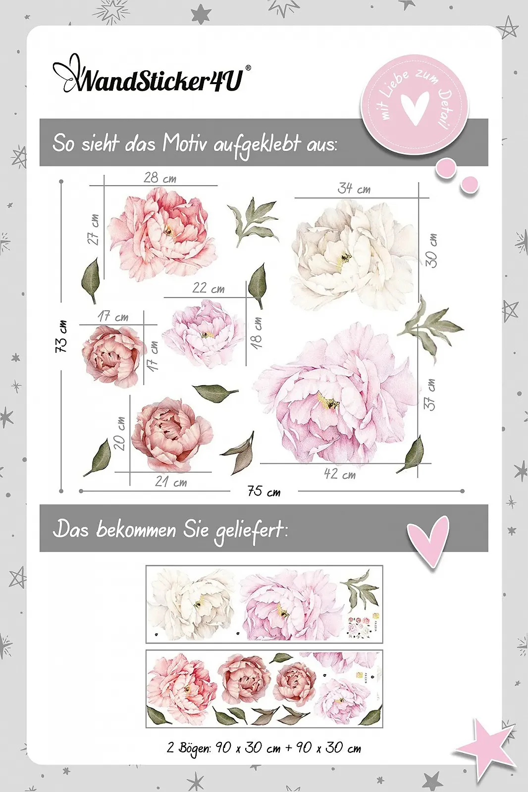 Наклейка на стіну WandSticker4U Півонії Квіти XXL самоклеюча Набір 6 шт. Рожевий/Білий, фото №5 Наклейка на стіну WandSticker4U Півонії Квіти XXL самоклеюча Набір 6 шт. Рожевий/Білий, фото №5