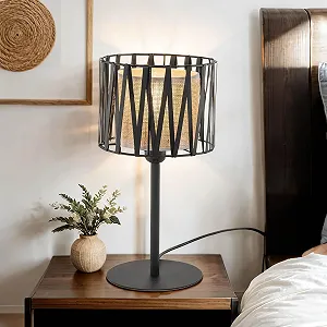 Настільна лампа Licht-Erlebnisse Mina Метал / Джут Кругла 37 см Вимикач на кабелі Чорний / Коричневий - Фото 1