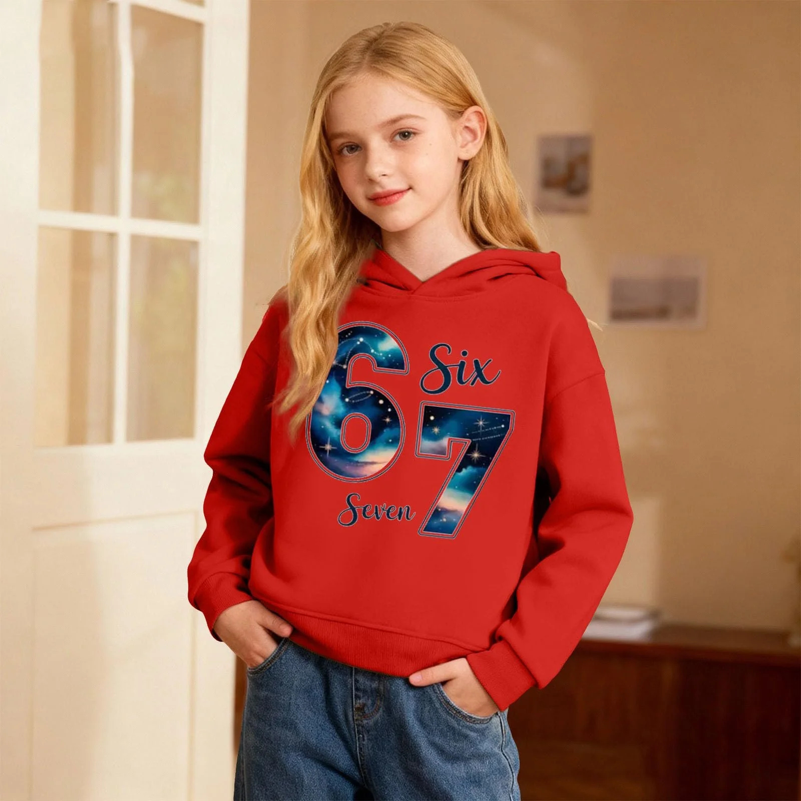 Худи для девочки 67 Meme с длинными рукавами, капюшоном и принтом 67, удобный мягкий свитшот, пуловер для активного отдыха, джемпер для девочек и мальчиков, фото №2