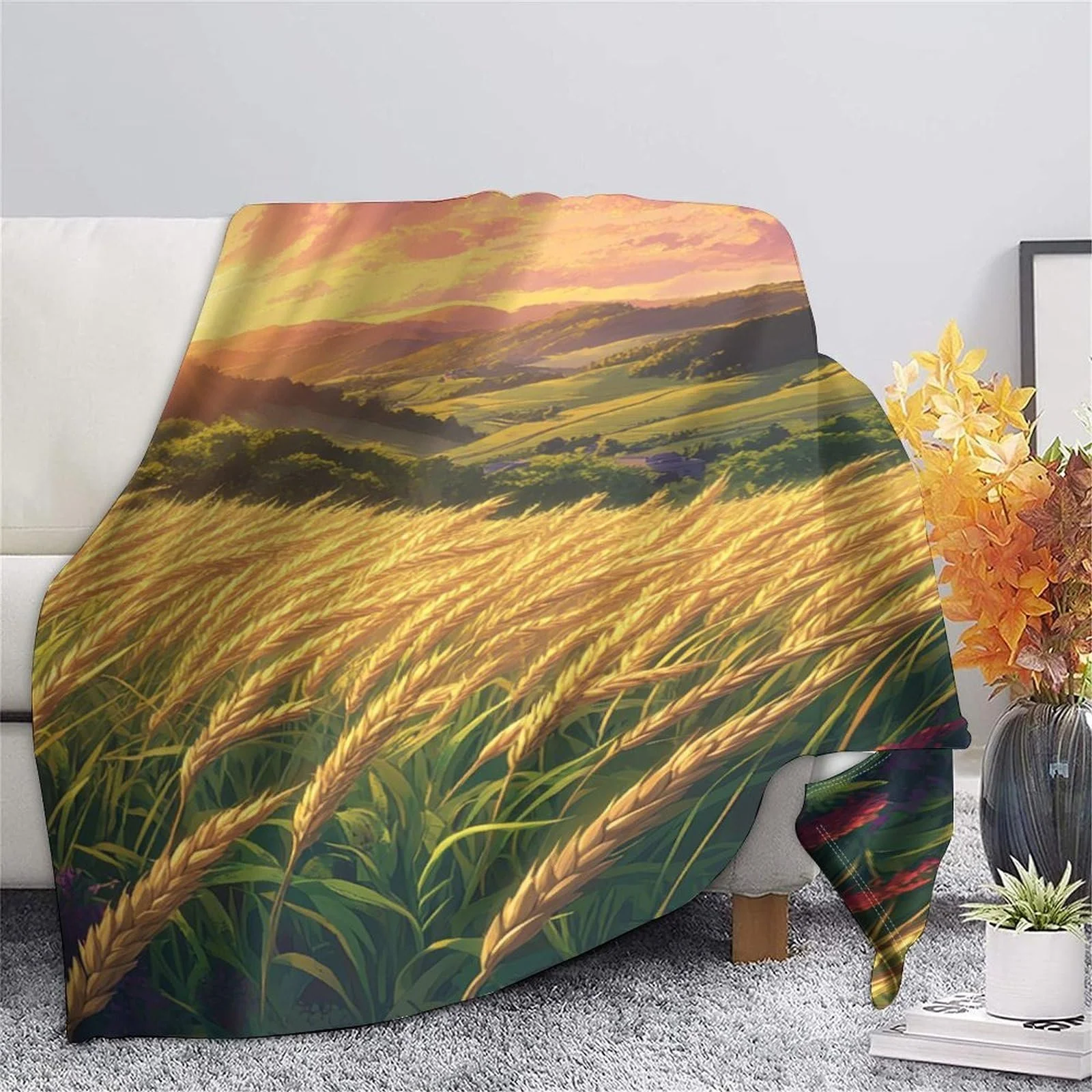 Покривало Мікрофібра Пшеничне поле на заході сонця Сталь 3D, фото №6
