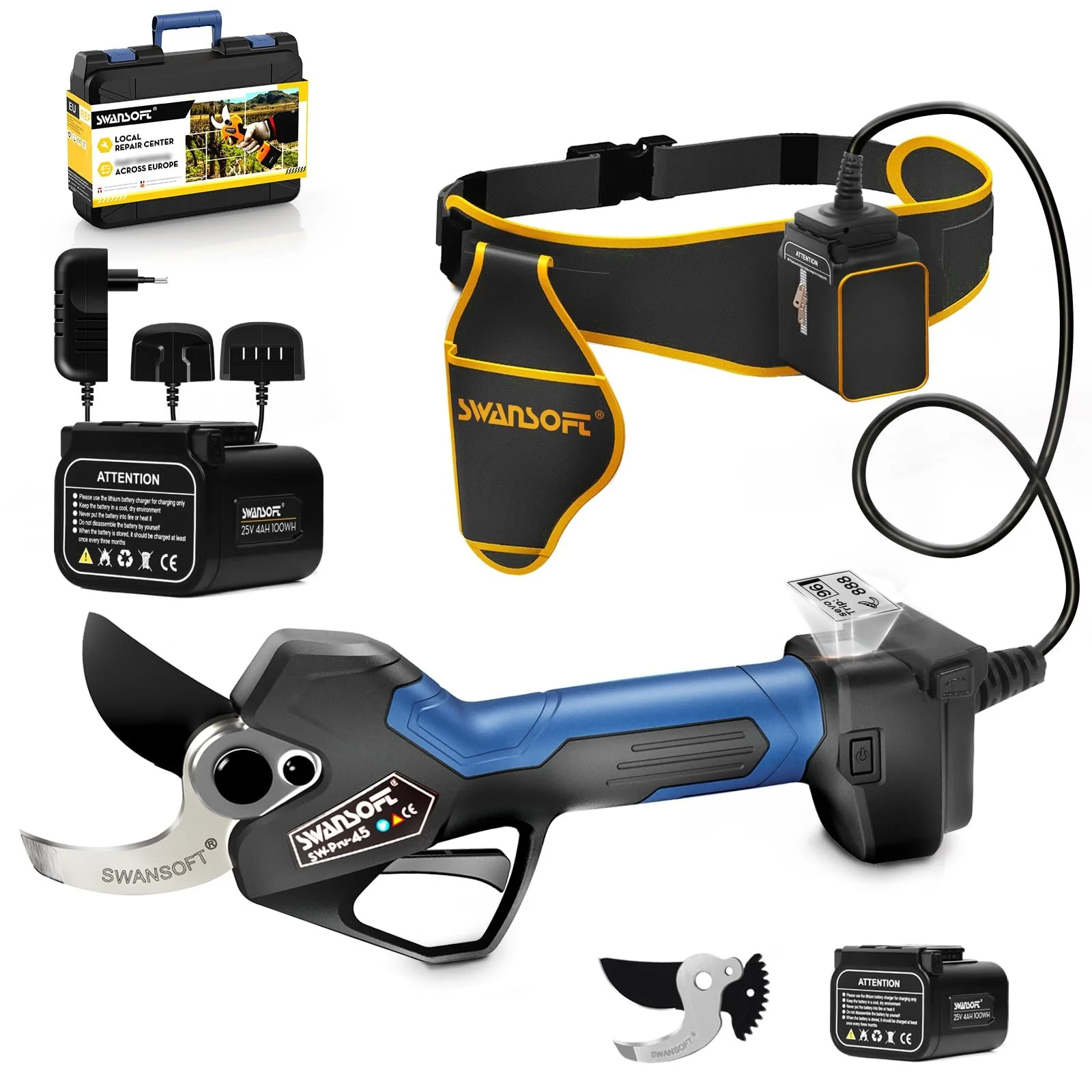 Секатор SWANSOFT акумуляторний 45 мм 1150 W для саду та телескопічні сучкорізи чорний/синій, фото №1