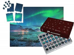 Пазл-адвент-календарь puzzleYOU Arctic Puzzle Collection Aurora Lights Over the Sea Coast, Snowy Mountains, Lofoten 1000 элементов - Фото 1