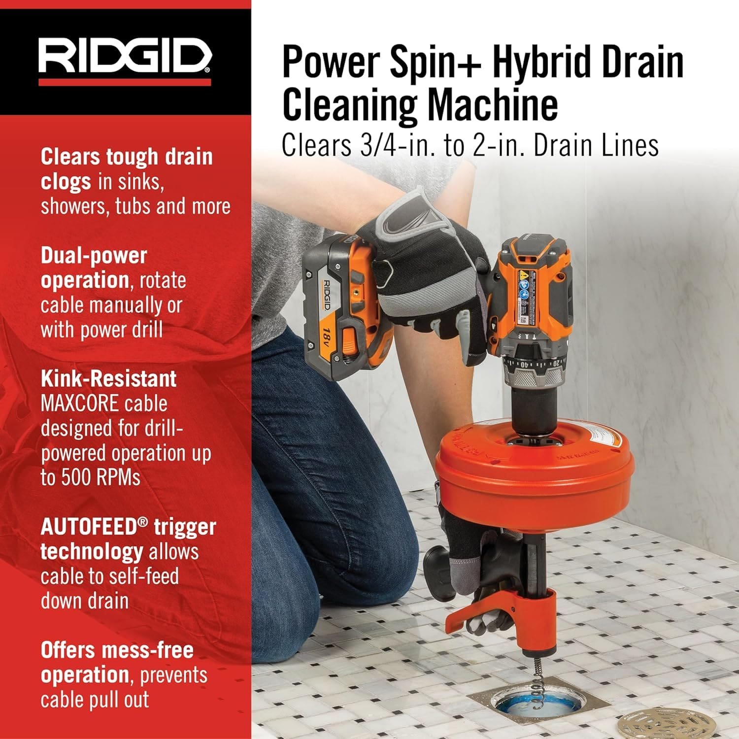 Чистящее средство для труб RIDGID POWER SPIN+ 57043 Black/Red, фото №2