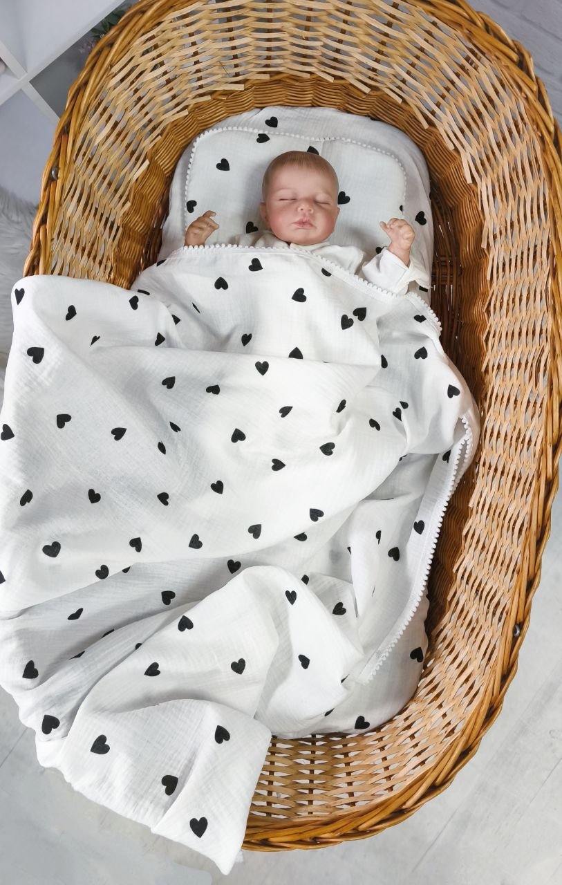 Муслиновый комплект в коляску, люльку: плед, простынь и подушка Сердечки, фото №3