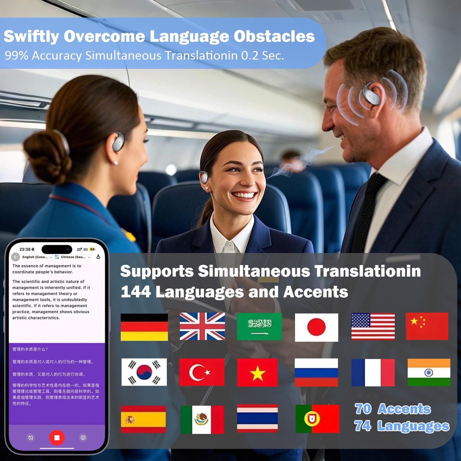 Наушники-переводчики AI, для перевода в реальном времени 3-в-1, в реальном времени с поддержкой 144 языков, фото №2