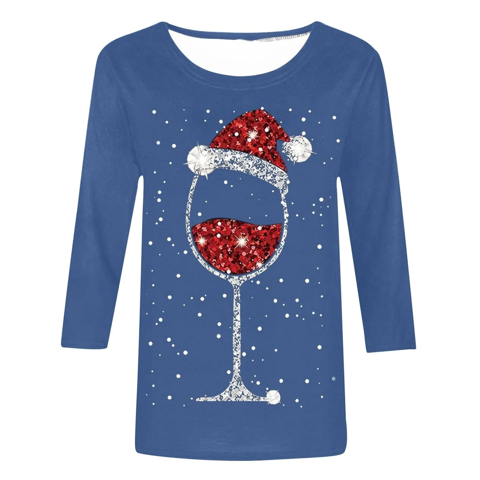Рождественская Блузка Женская Рубашка с Длинным Рукавом Рождественская Футболка 3/4 Рукава Женская Легкая Рождественская Футболка Красная с Блестящим Узором Винного Бокала Круглый Вырез Рождественский Джемпер Свободный Топ Базовые Топы, фото №4