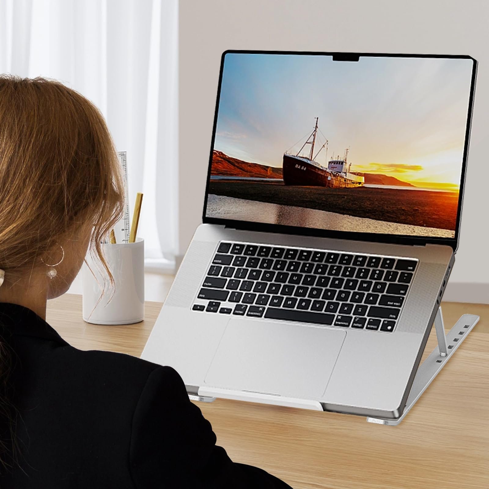 Подставка для ноутбука алюминиевая складная портативная 10-17 дюймов регулируемая черная, фото №6