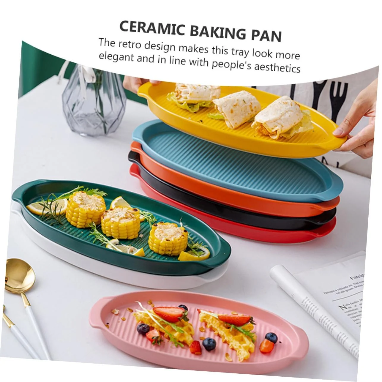 Форма для запекания PRETYZOOM Керамическая овальная с ручками малая Ретро-зеленая, фото №2