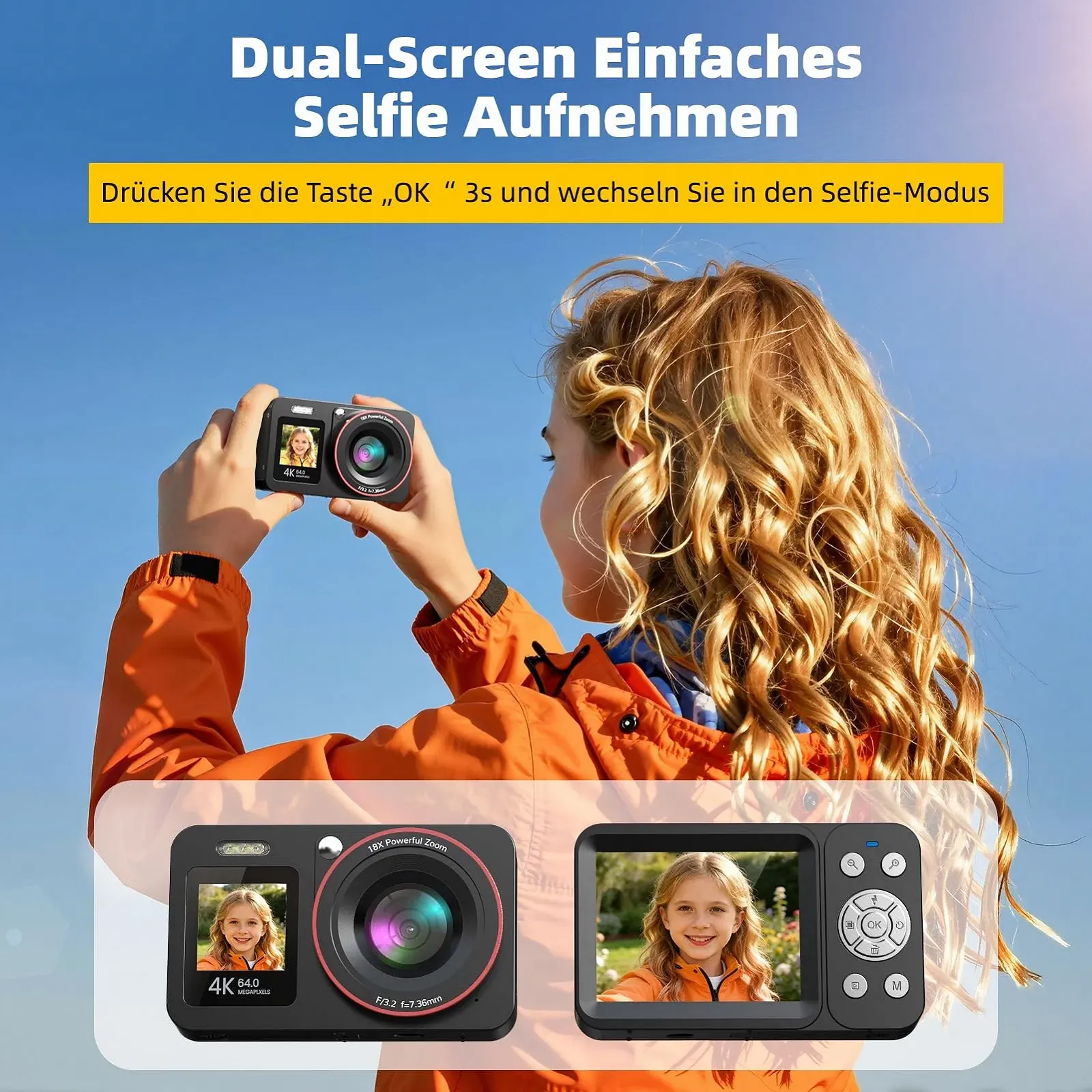 Цифрова камера 4K 64MP для влогів компактна 18X Digital Zoom 2 екрани 2 акумулятори 64GB SD-карта Чорна, фото №3