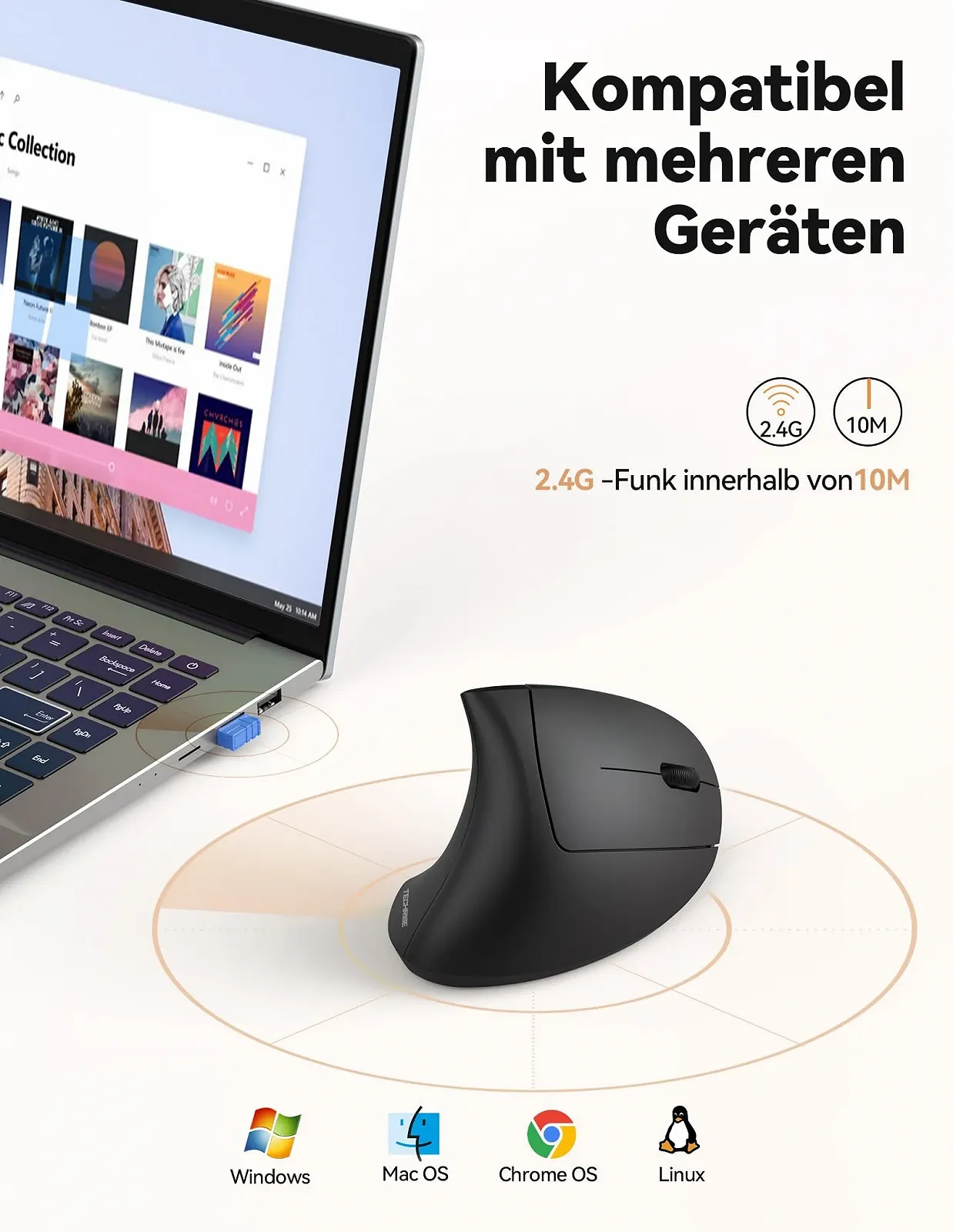 Мышь TechRise Беспроводная Эргономичная Вертикальная 4800 DPI Оптическая Тихая, фото №5