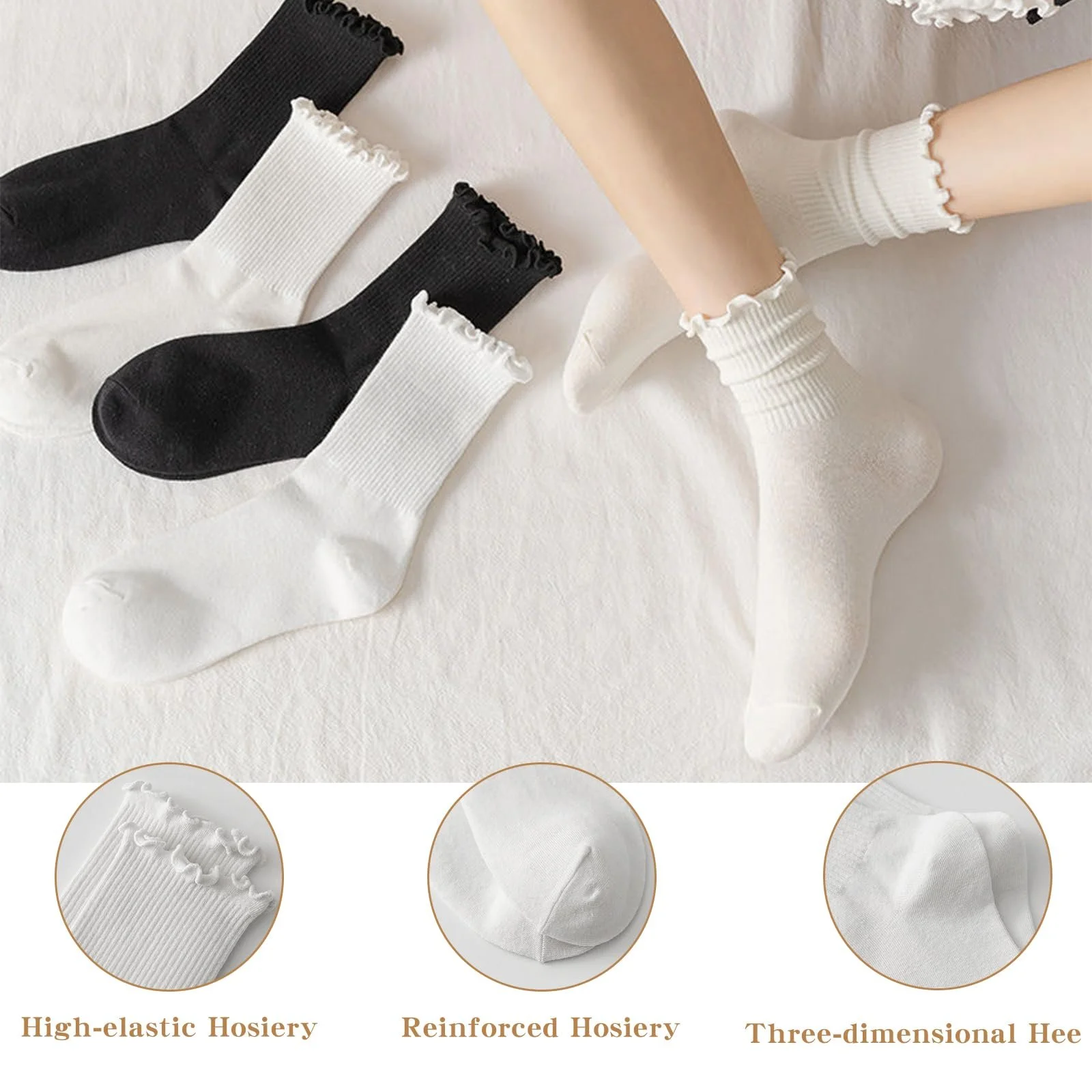 Носки с рюшами 12 пар, Женские, Белые и Черные Носки с Рюшами, Дышащие Хлопковые Носки, Мягкие Носки до Щиколотки для Ежедневного Использования, Досуга, Подарок, фото №3