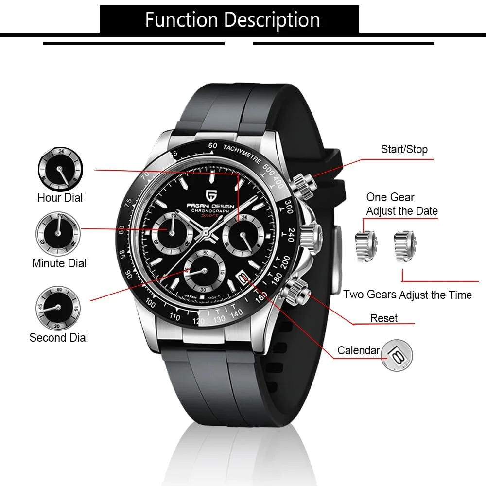 Мужские часы Pagani Design VK63 Daytona Chronograph Homage Кварцевые часы Керамический безель Нержавеющая сталь Спортивный резиновый ремешок Водонепроницаемые, фото №4