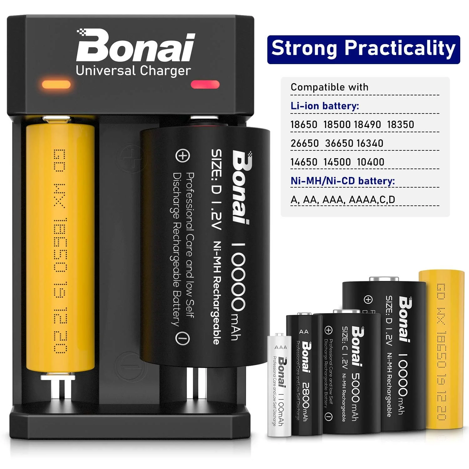 Універсальний USB зарядний пристрій BONAI для акумуляторів LED для 3.7 В 18650 26650 Li-Ion та 1.2 В NI-MH/NI-CD AA AAA C D, фото №3