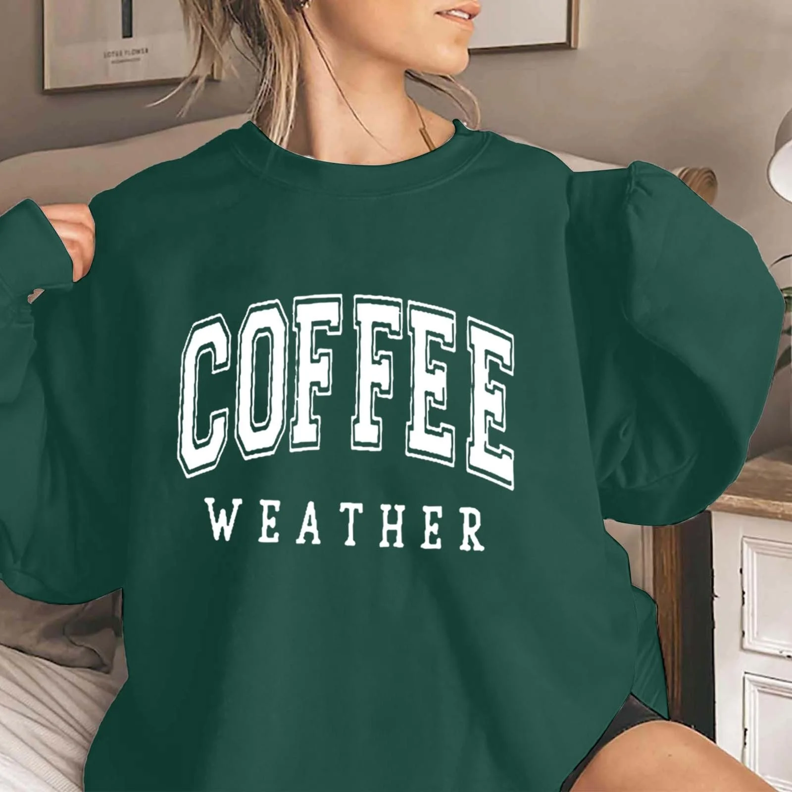 Женский свитшот 2025 Festive Street Style Кофе Weather Letter Print с длинными рукавами, круглым вырезом, свободный пуловер, блузки, осенние повседневные топы, фото №2