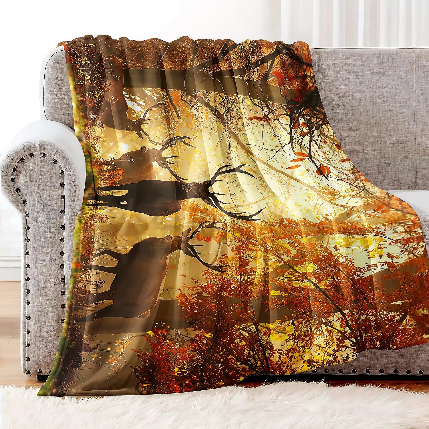 Одеяло YISUMEI Фланель Мягкое Флисовое одеяло для кровати 150 x 200 см Олень в осеннем лесу, фото №3