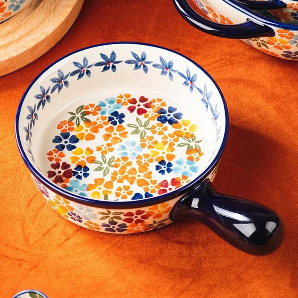 Противень Dxcaicc Керамический с одной ручкой Пятилистный цветок Синий Оранжевый Красный, фото №7