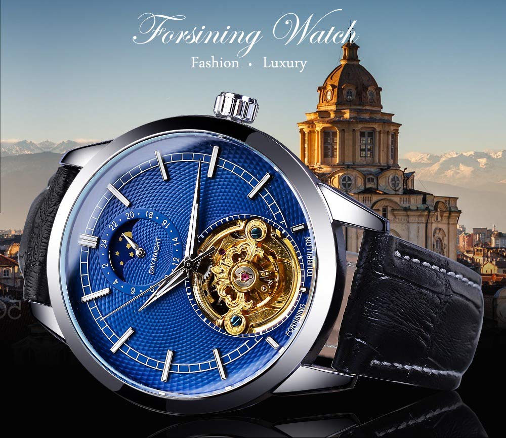 Чоловічий годинник BOLYTE Antique Автоматичний 24 години Сонце і Місяць Підциферблат Механічний Скелетон з шкіряним ремінцем, фото №2