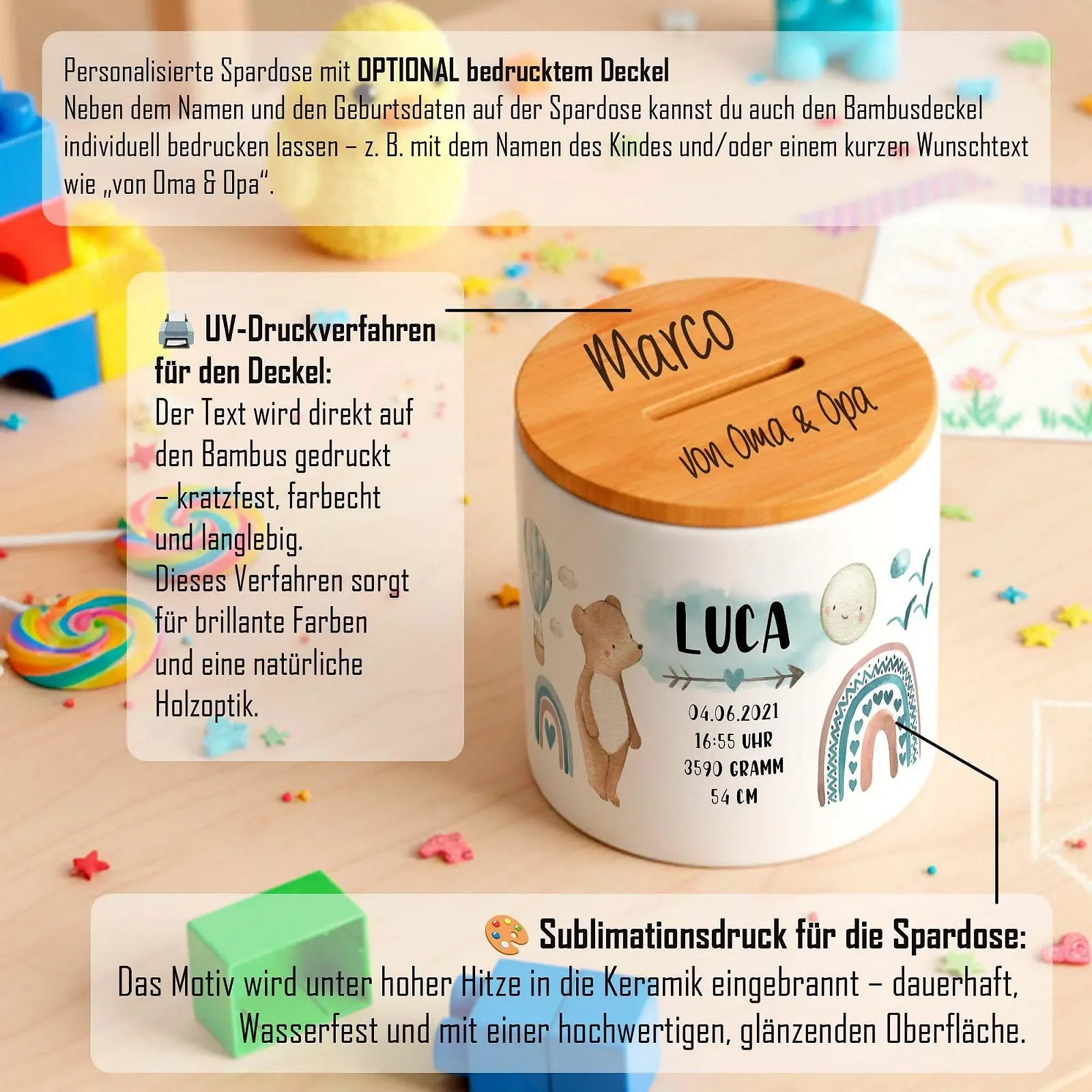 Скарбничка дитяча Ведмедик Дані про народження Персоналізована для хлопчиків, фото №6