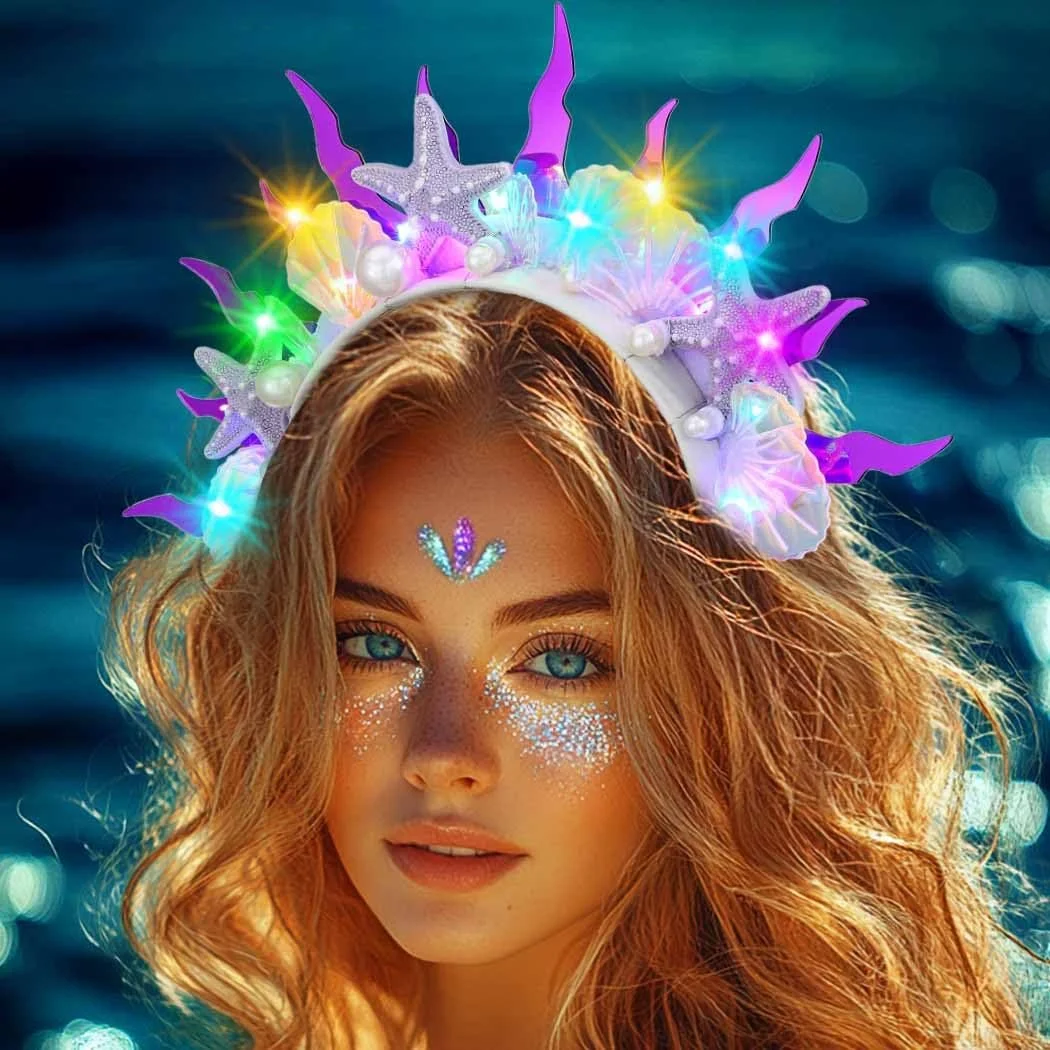 Обруч для волосся Морська зірка, фіолетовий, мушля, LED, фото №3