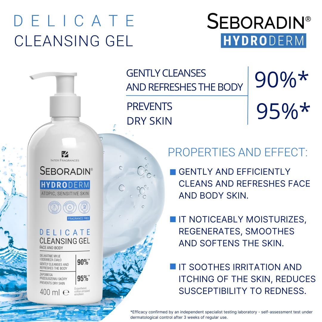 Гель для душу Seboradin Hydroderm для чутливої сухої атопічної шкіри для обличчя та тіла з D-пантенолом та олією насіння бавовни 400 мл, фото №3 Гель для душу Seboradin Hydroderm для чутливої сухої атопічної шкіри для обличчя та тіла з D-пантенолом та олією насіння бавовни 400 мл, фото №3