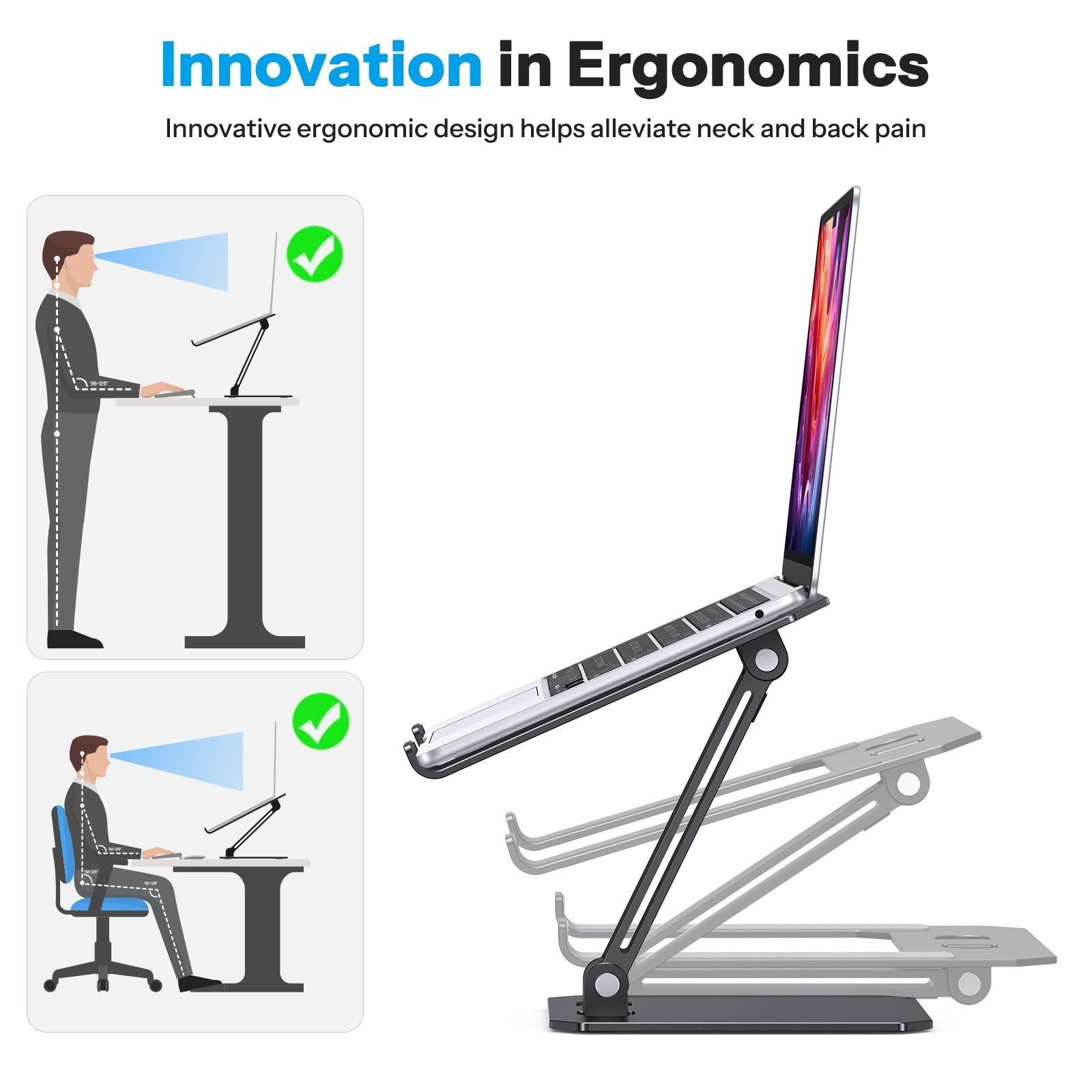 Підставка для ноутбука OMOTON Алюміній Регульована по висоті, ергономічна складна, таких як MacBook Pro/Air (11-16 дюймів), Чорний, фото №3