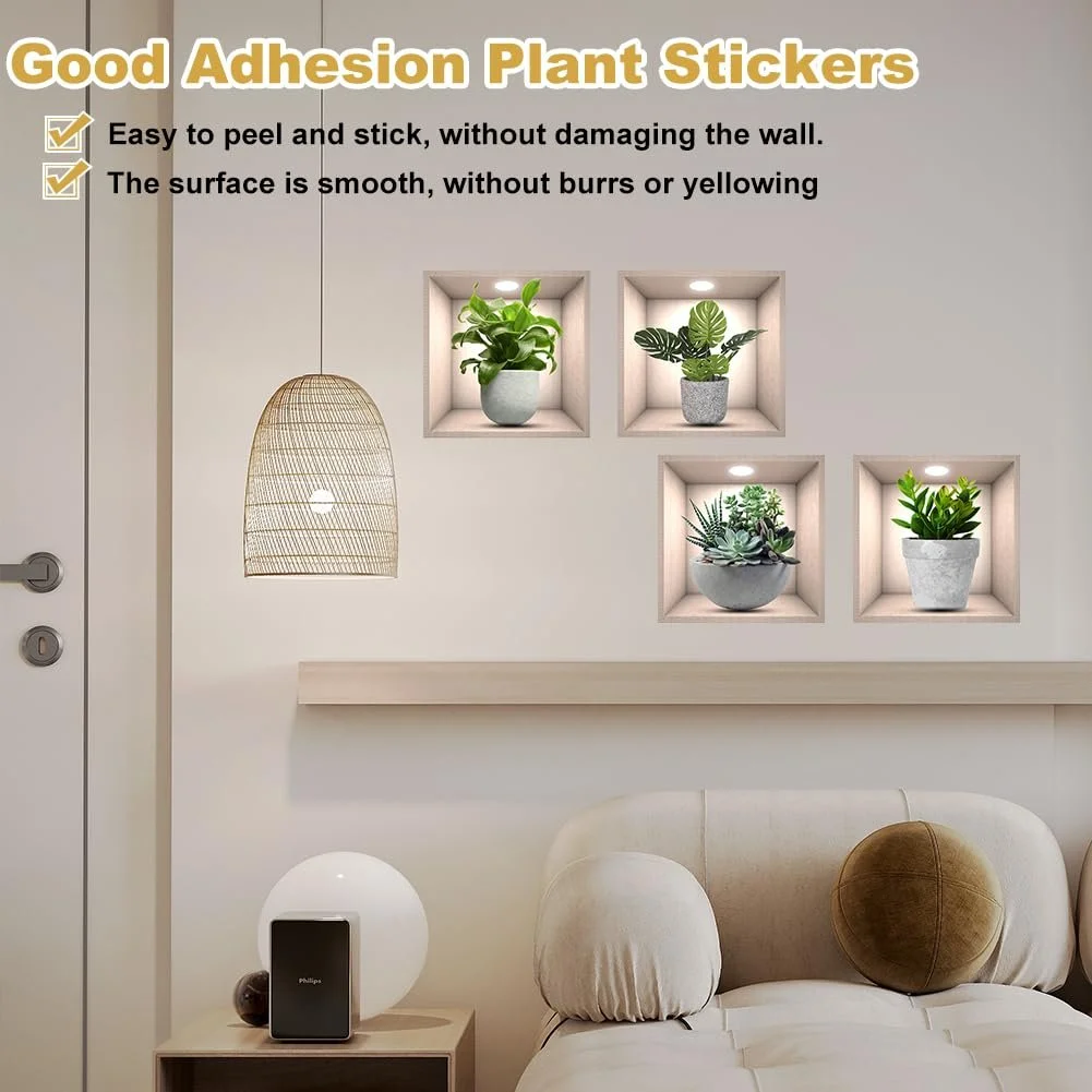 Наклейки на стіну Рослини 4 штуки 3D Реалістичні водонепроникні вінілові знімні Зелені, фото №5