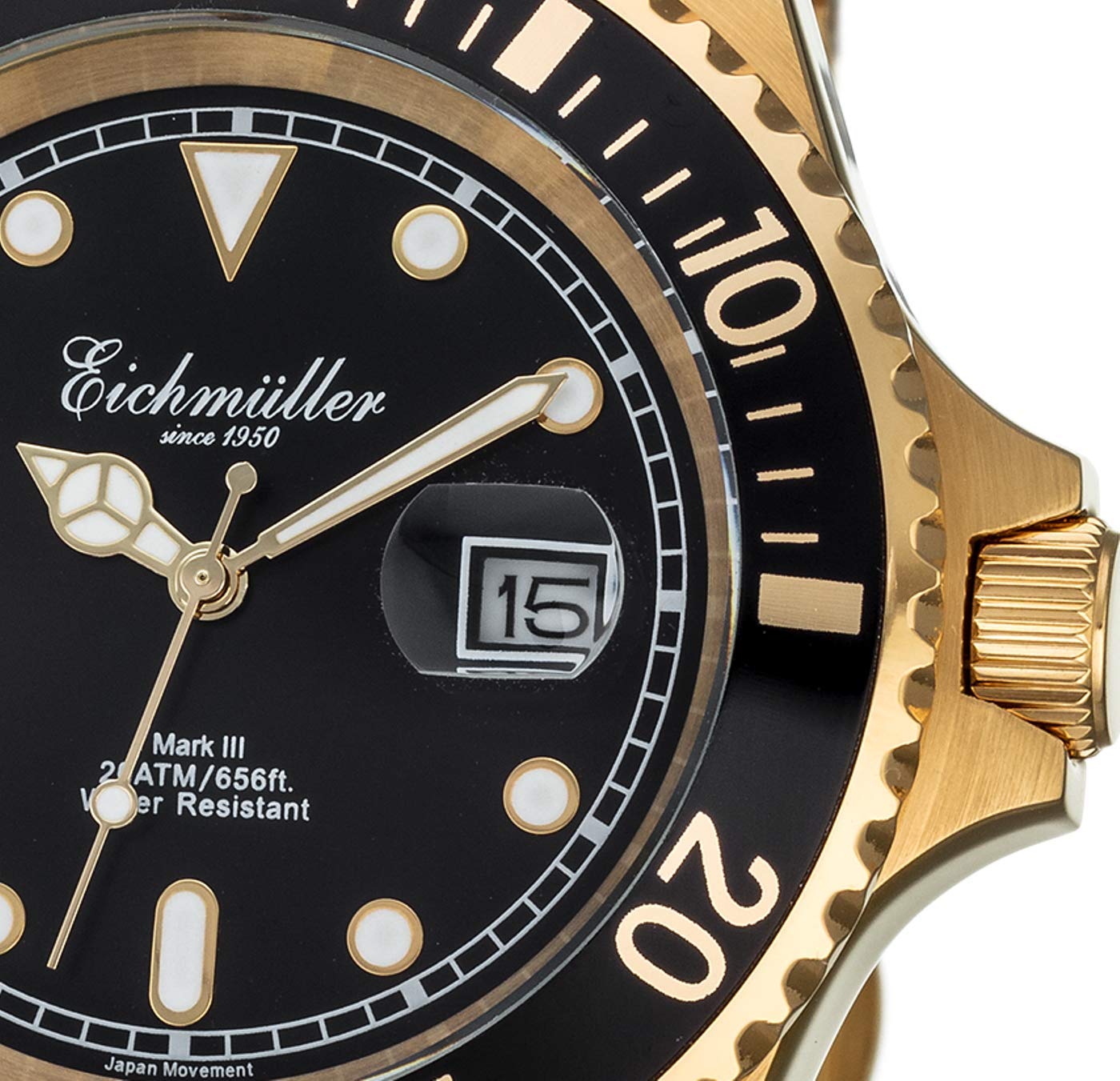 Чоловічий годинник Eichmüller Diver з нержавіючої сталі із золотом Відображення дати та обертовий безель 200M, чорний-золотий, браслет, фото №3
