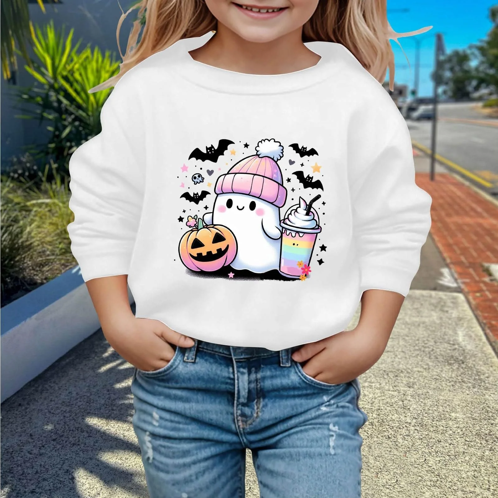 Світшот Generisch Хелловін, дитячий, для дівчинки, без капюшона, з принтом привидів, з круглим вирізом, осінньо-зимовий, фото №3