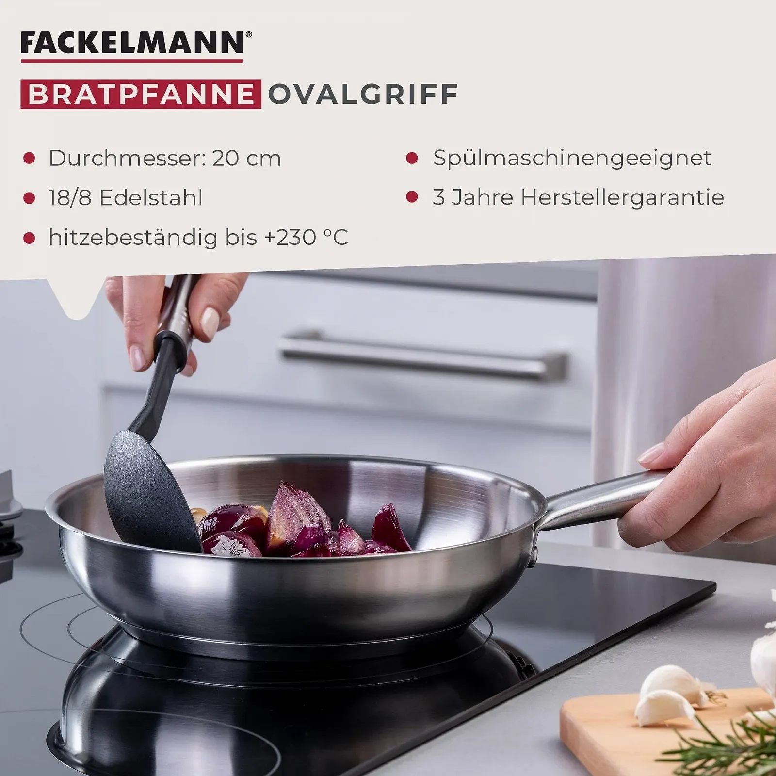 Сковорода FACKELMANN с овальной ручкой, диаметр 20 см, из высококачественной нержавеющей стали, фото №3