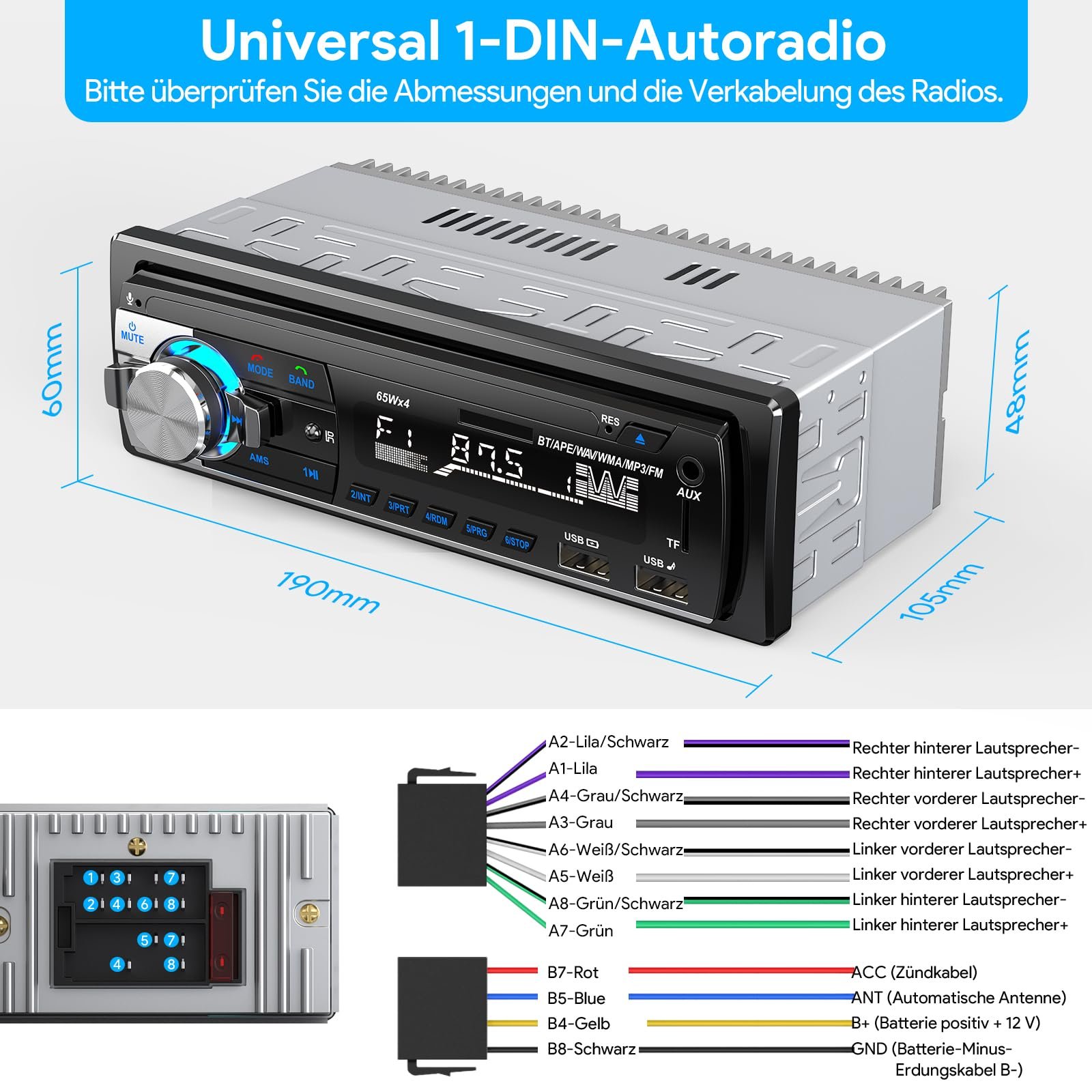 Автомагнітола CENXINY Bluetooth 5.0 RDS 1 DIN 4 x 65 Вт з годинником/пультом дистанційного керування, MP3-плеєр, 2 USB/AUX входи/TF/SD/FM/iOS Android (без CD), фото №6