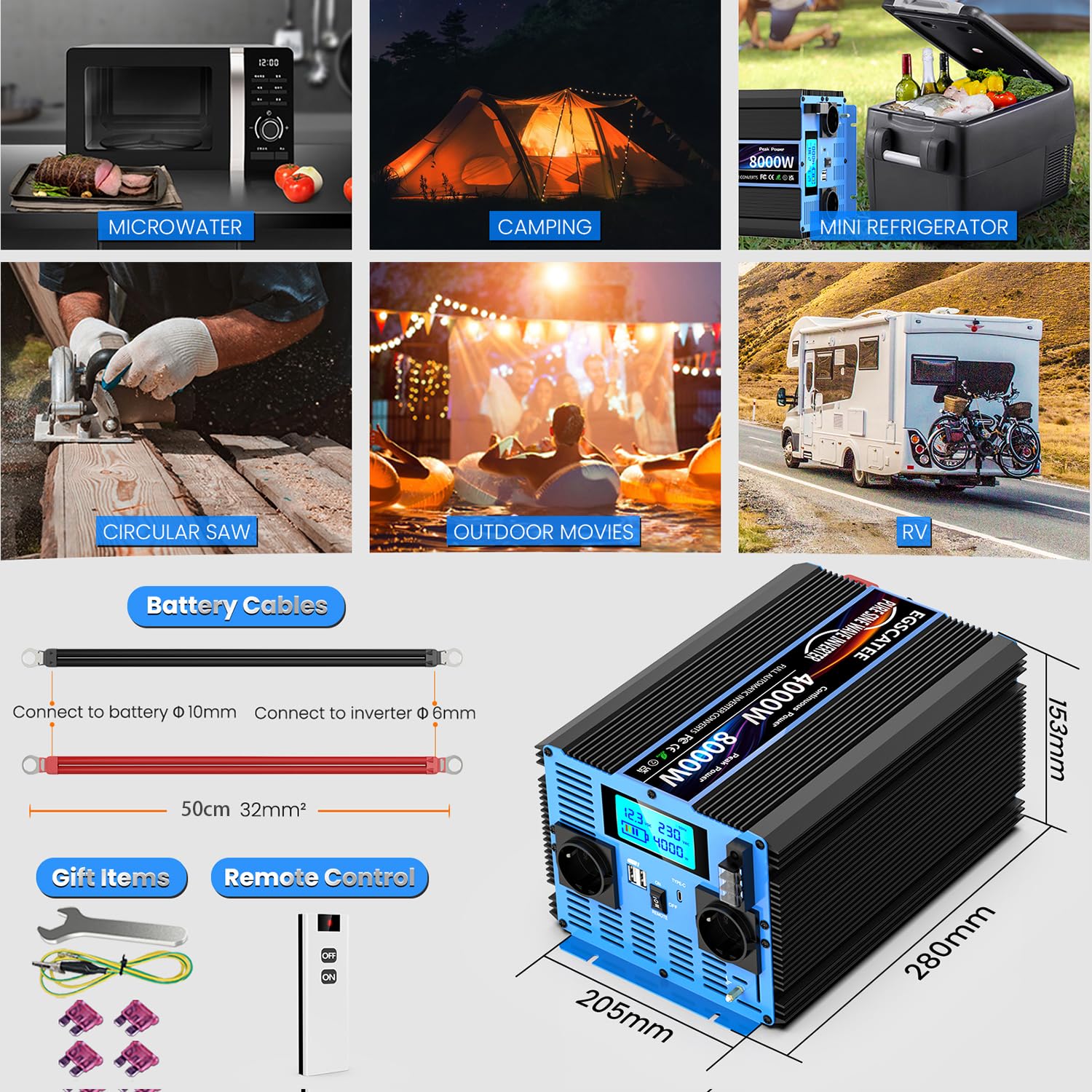 Інвертор 4000 W 12 V 230 V перетворювач напруги чистої синусоїди з 2 EU розетками, USB Виходом, Type-C, пультом дистанційного керування та LCD дисплеєм пікова потужність 8000 W для вантажівки кемпінгу аварійний кемпер фургон, фото №7