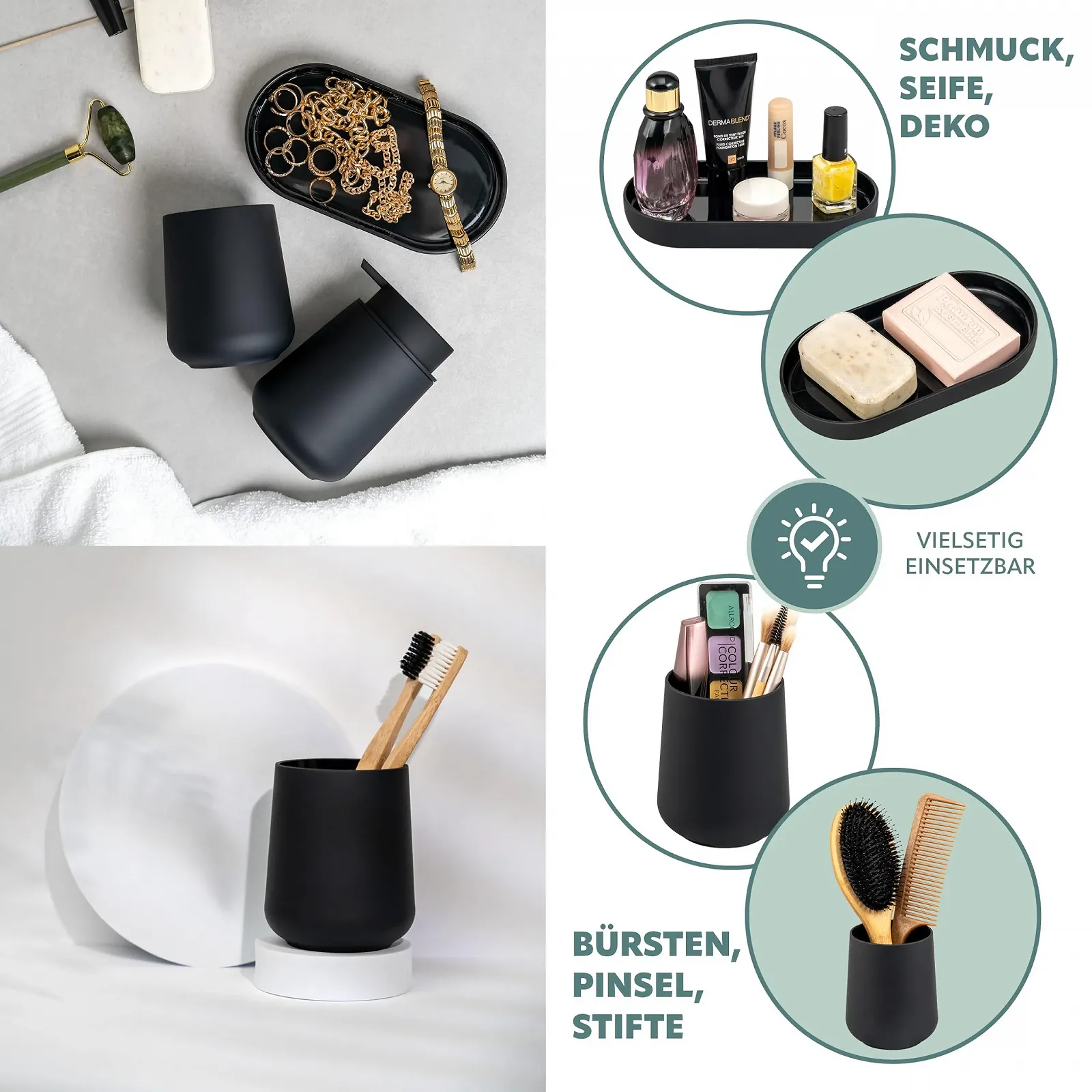 Набор для ванной комнаты eluno Tesero, 3 предмета дозатор мыла, стакан и мыльница, пластик, черный, фото №6