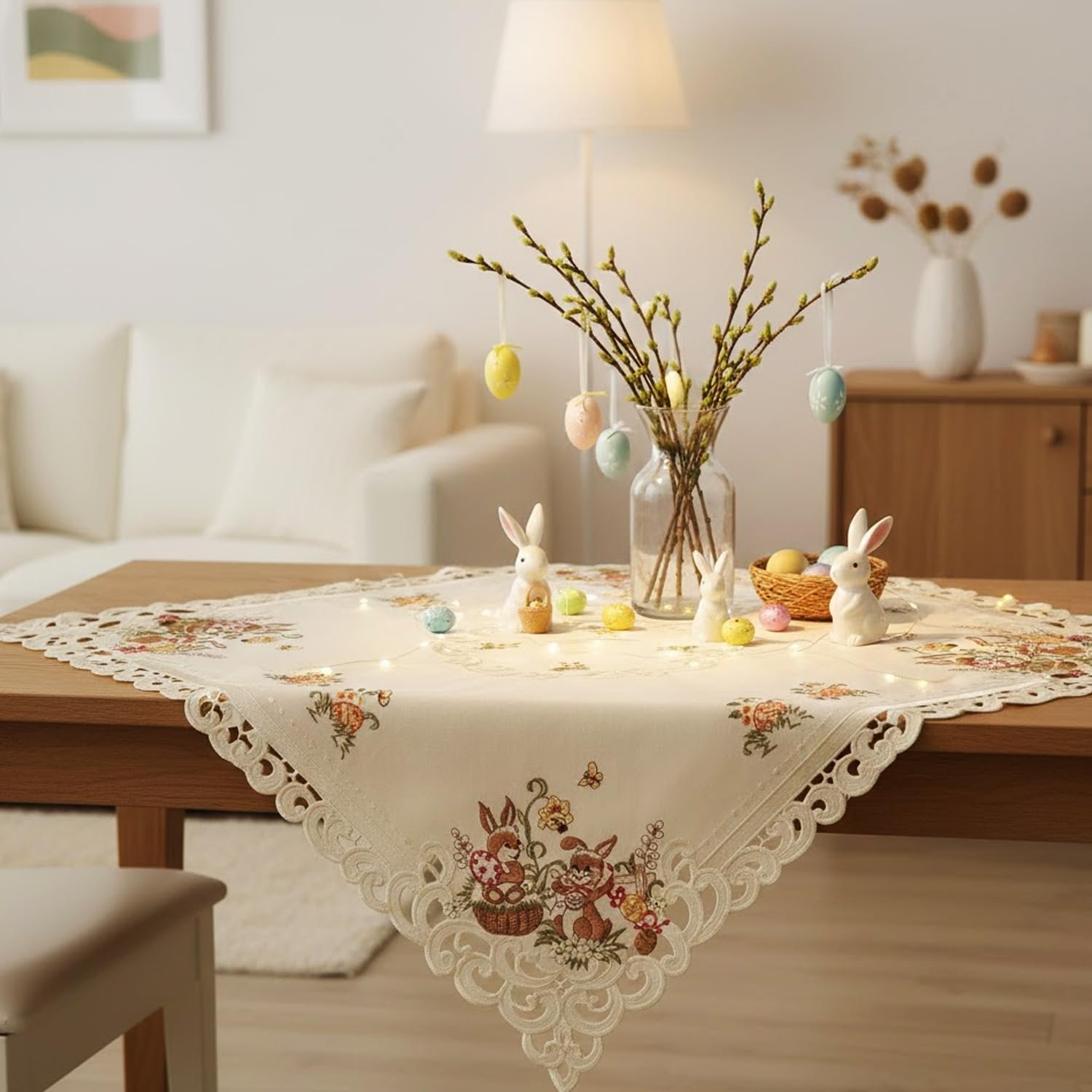 Скатертина Easter Bunny Easter Eggs Embroidery 85 x 85 см Ecru Cream Linen Look Polyester, фото №4