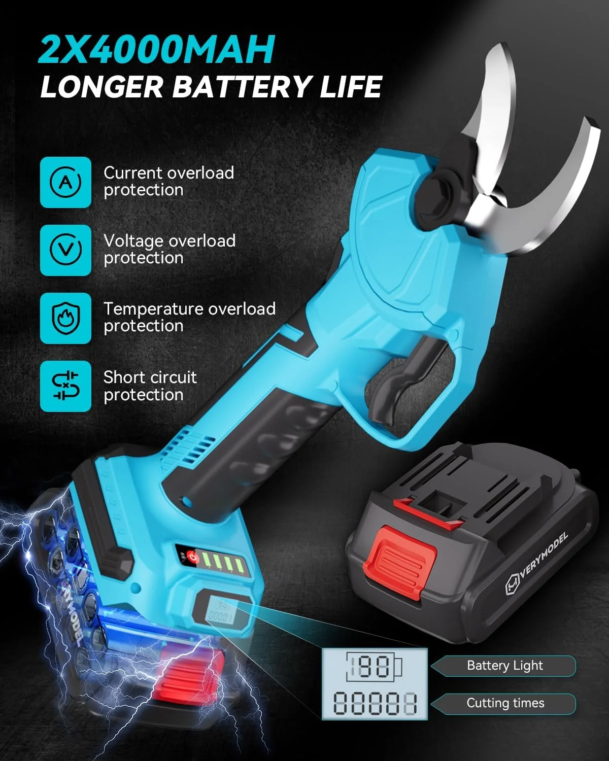 Ножиці для обрізки VERYMODEL акумуляторні 40 мм, 2 x 4000 mAh, фото №4