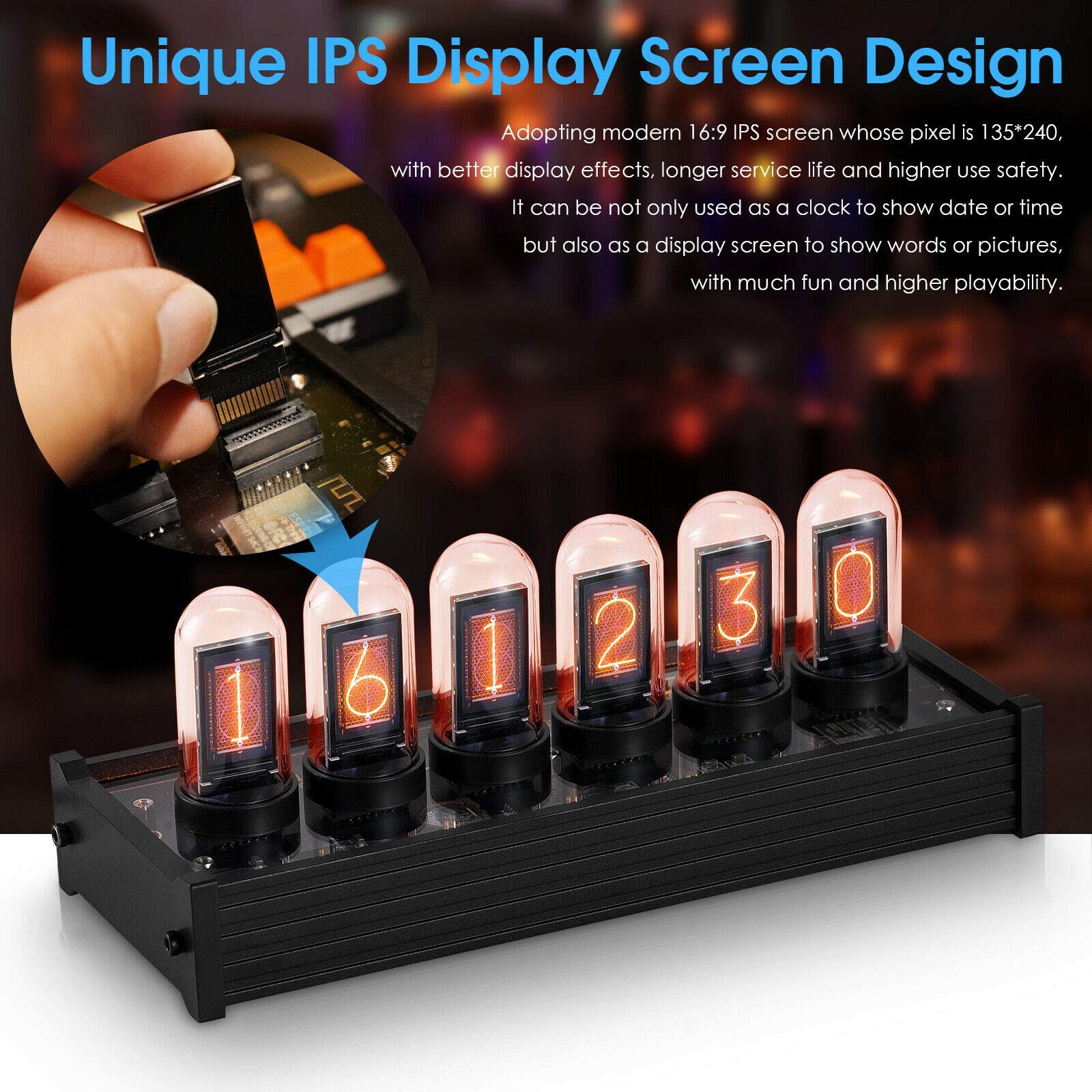 Цифровий годинник IPS Tube EleksTube Modern Великий дисплей Керування з ПК DIY Домашній декор Ретро Вінтажний годинник LED Чорний, фото №4