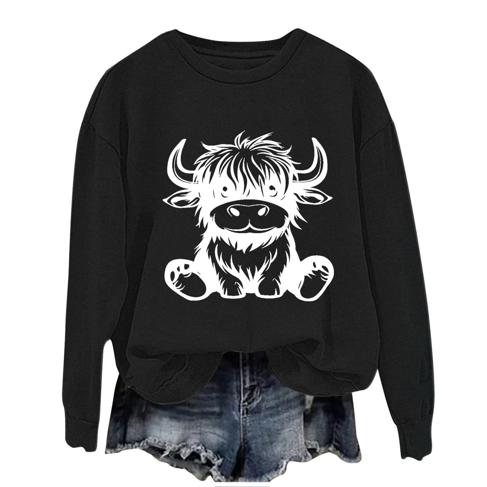 Пуловер Komiseup Базовый Лонгслив Винтажный с коровьим принтом Свитшот Спортивный без капюшона Свободный Повседневный Праздничный с животным принтом Спортивная рубашка для девочек-подростков Streetwear 09, фото №1