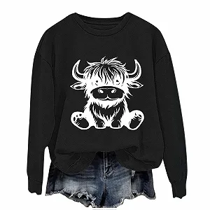 Пуловер Komiseup Базовый Лонгслив Винтажный с коровьим принтом Свитшот Спортивный без капюшона Свободный Повседневный Праздничный с животным принтом Спортивная рубашка для девочек-подростков Streetwear 09 - Фото 1