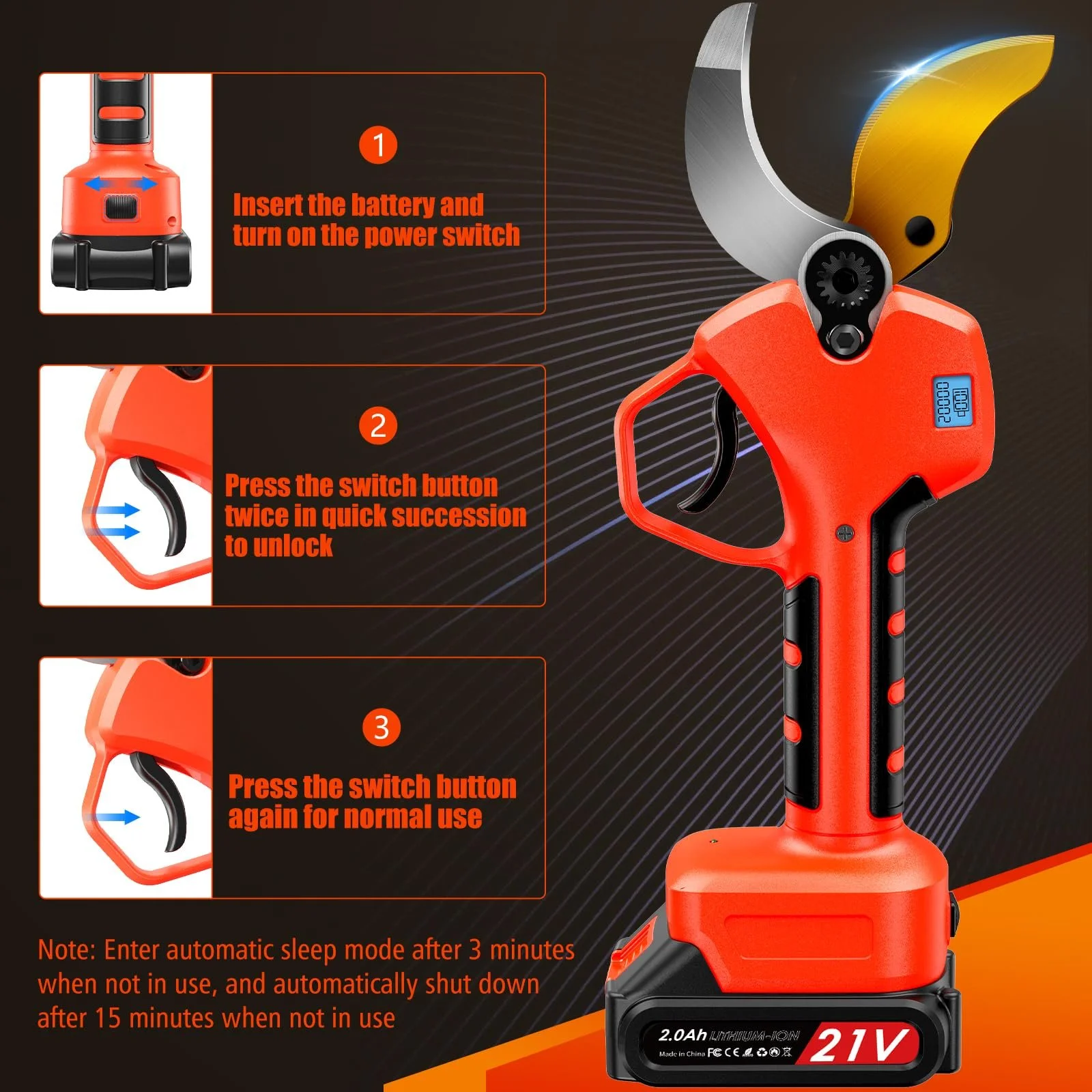 Електричний Секатор 40 мм, Лезо SK7, 2 x 2Ah Літієві Акумулятори 21 V, З Коробкою для Зберігання, фото №5