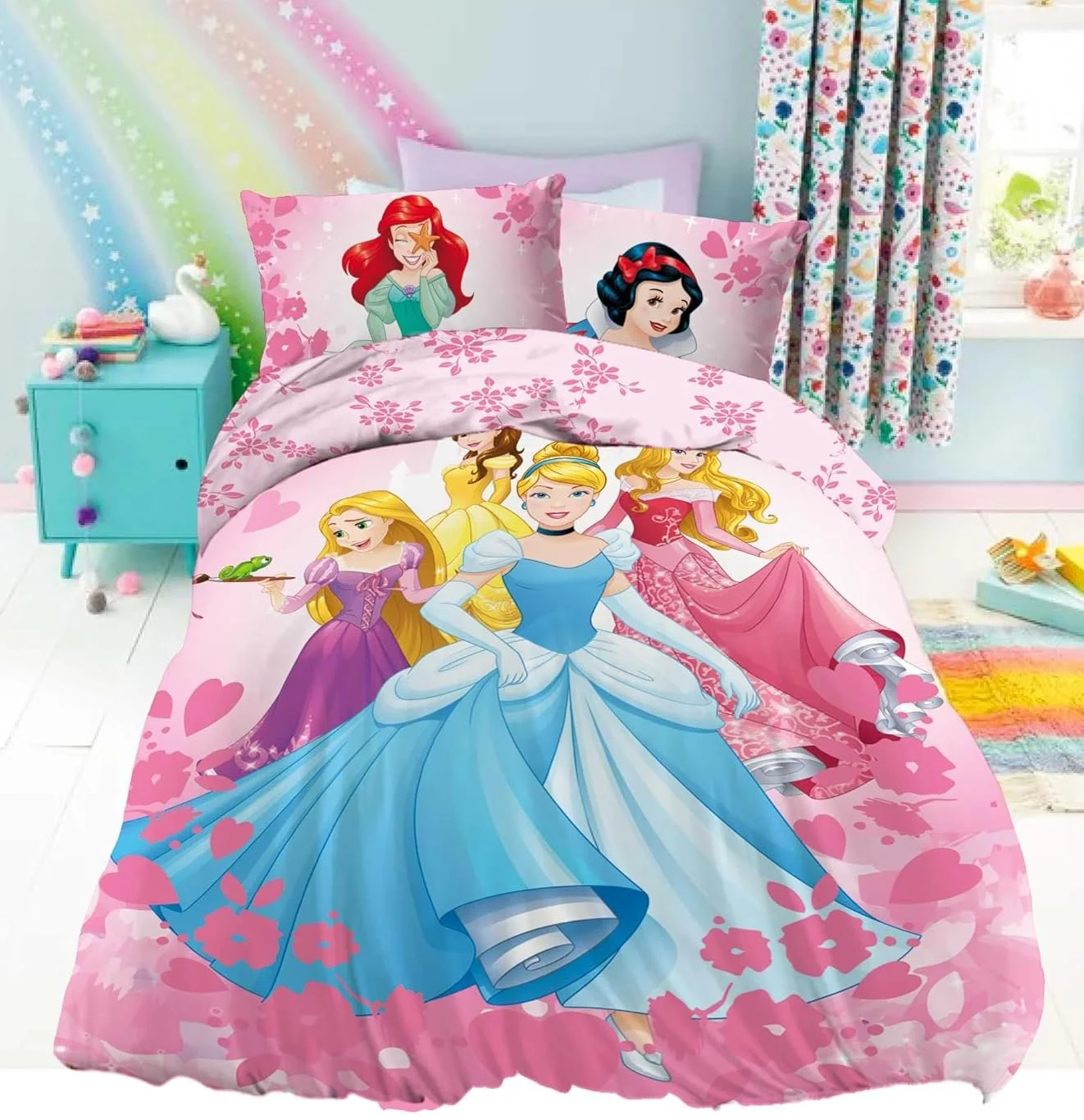 Дитяча постільна білизна Disney Princess / 40 x 60 см + 100 x 135 см / Бавовна / На блискавці / Рожева, фото №2